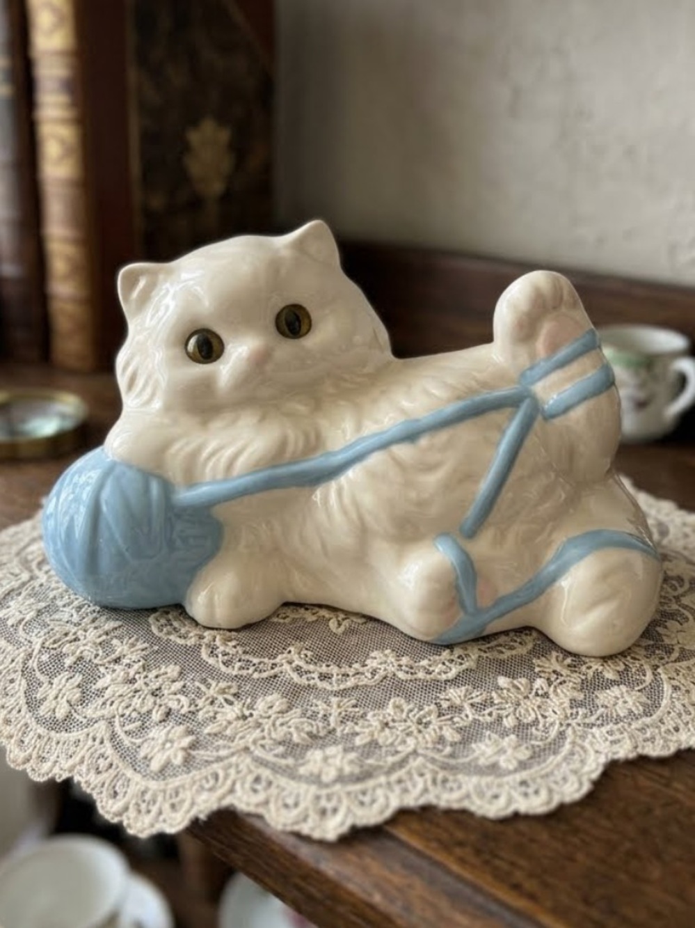 Vintage Ceramic Cream Cat Figurine with Blue Yarn